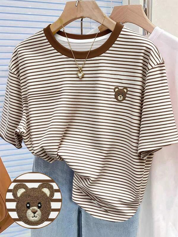 Resyla Striped Digital Bear Embroidery Fashion Minimalist Women's Digital Print Regular Crew Neck T-Shirt Friend's Gift
