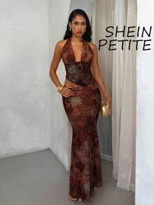 SHEIN PETITE 娇小款两件套女士夏季度假套装，吊带系带露脐上衣搭配不对称荷叶边半裙，珊瑚色、棕色、海洋元素印花、随机花卉印花，适合夏季、派对、海滩、外出、毕业典礼、优雅场合、度假、假日等。 - 棕色 - 查看 2