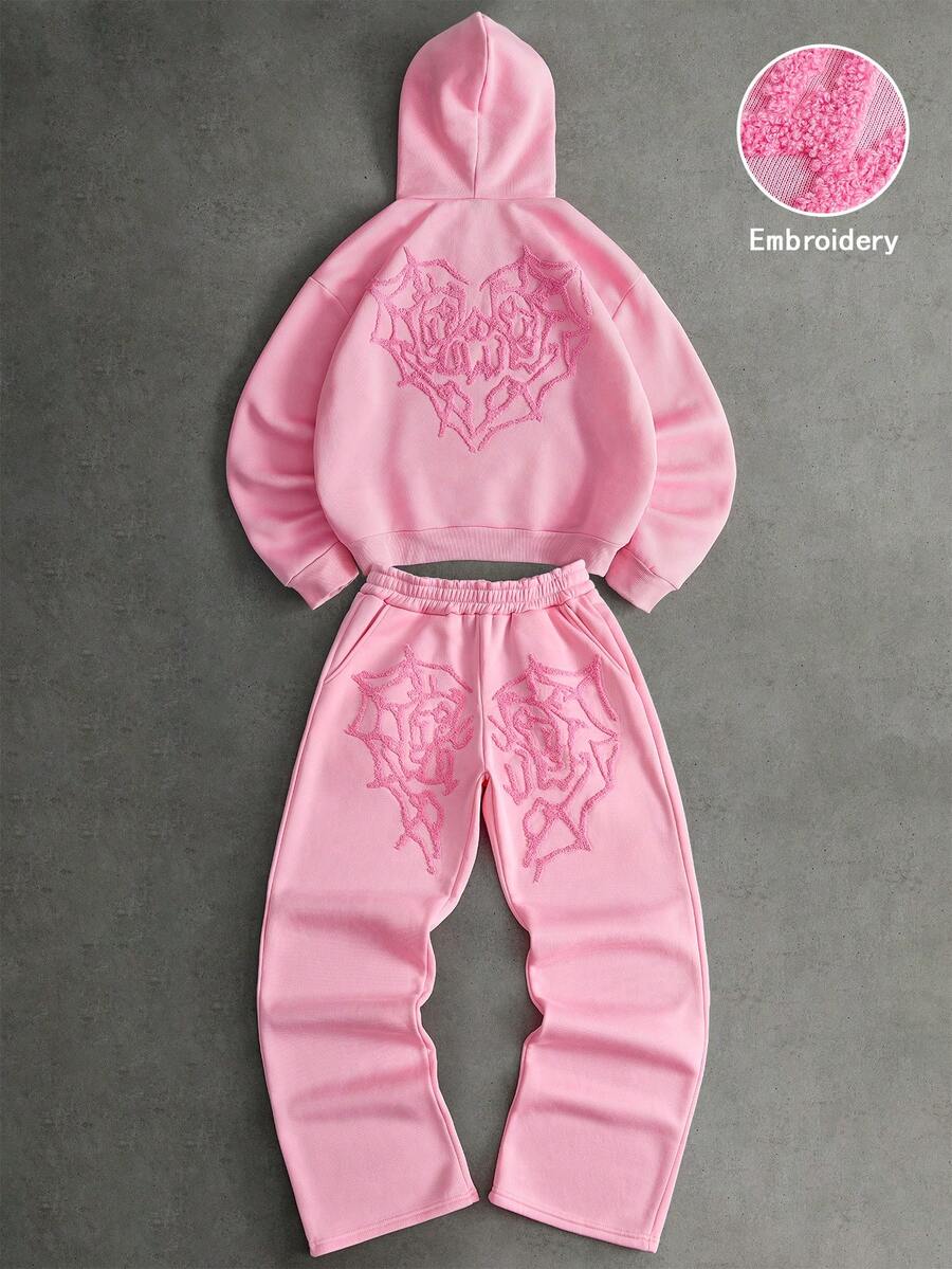 PAVTROS Men's Streetwear Hot-Selling Heart Towel Embroidery 3D Embroidery Friends Gathering Boyfriend Husband Gift Anniversary Gift Men's Hoodie Sweatshirt Set - Pink - View 1