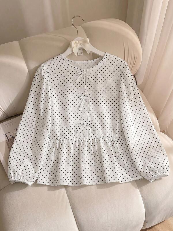 SHEIN قميص كاجوال طويل الأكمام للبنات المراهقات، بلوزة فراشة ثلاثية الأبعاد بنقاط بولكا عتيقة، لون عشوائي، مجموعة 5 قطع، مرسل، ملابس، مريحة، يومية