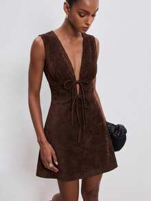 ATUI Studio Women's Dark Brown Deep V Neck Knot Front Midi Dress – Stretchy Fitted Silhouette, Elegant Essential For Fall, Party & Work - Brown - View 1