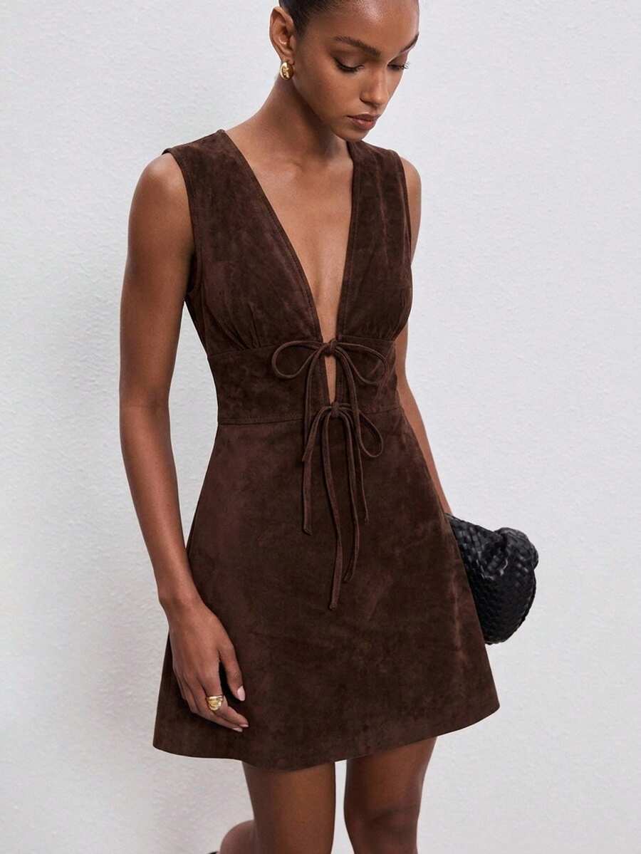 ATUI Studio Women's Dark Brown Deep V Neck Knot Front Midi Dress – Stretchy Fitted Silhouette, Elegant Essential For Fall, Party & Work - Brown - View 1