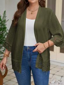 Rosumi Women's Plus Size Lace Patchwork 3/4 Sleeve Open Front Jacket Fall - Army Green - View 4