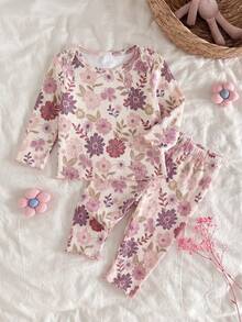 新生女嬰可愛卡通與花卉圖案長袖居家服套裝 - 彩色 - 查看 3