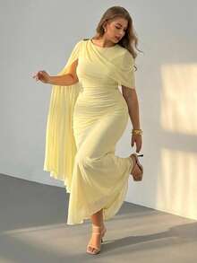 Auralis Yellow Summer Seaside Formal Evening Maxi Dress: Fitted, Ruched, Mermaid-Style With Elegant Cape-Like Flared Sleeves Metal Shoulder Buckle Wedding - Yellow - View 1