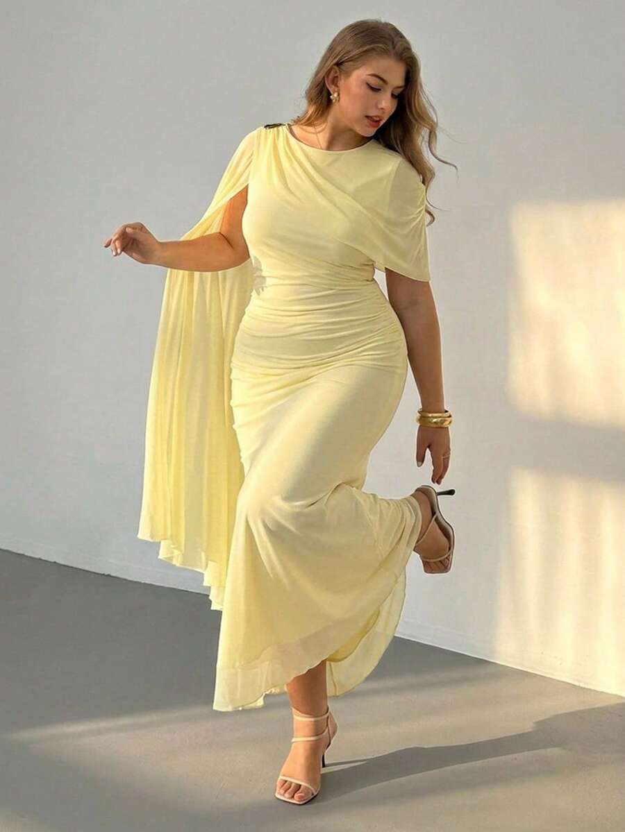Auralis Yellow Summer Seaside Formal Evening Maxi Dress: Fitted, Ruched, Mermaid-Style With Elegant Cape-Like Flared Sleeves Metal Shoulder Buckle Wedding - Yellow - View 1