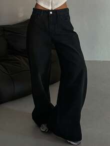DAZY Celana Jeans Wanita Polos dengan Kancing Depan dan Saku, Model Kasual untuk Sehari-hari, Gaya Y2k - Hitam - View 10