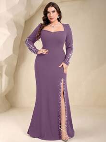 Coutiva Gaun Malam Formal Ukuran Plus Elegan dengan Hiasan Manik-Manik Mutiara Imitasi dan Belahan (Gaya Pengerjaan Berat) - Dusty Purple - View 5