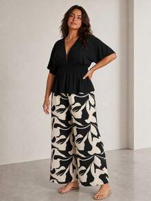 ELLERISSA Plus Size Black Kimono Top & Printed Trousers Co-Ord Set - Black - View 5