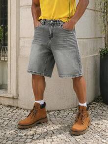Manfinity EZcore Men Plus Size Grey Casual Wide Leg Denim Shorts, Versatile Knee Length Inseam - Light Grey - View 4