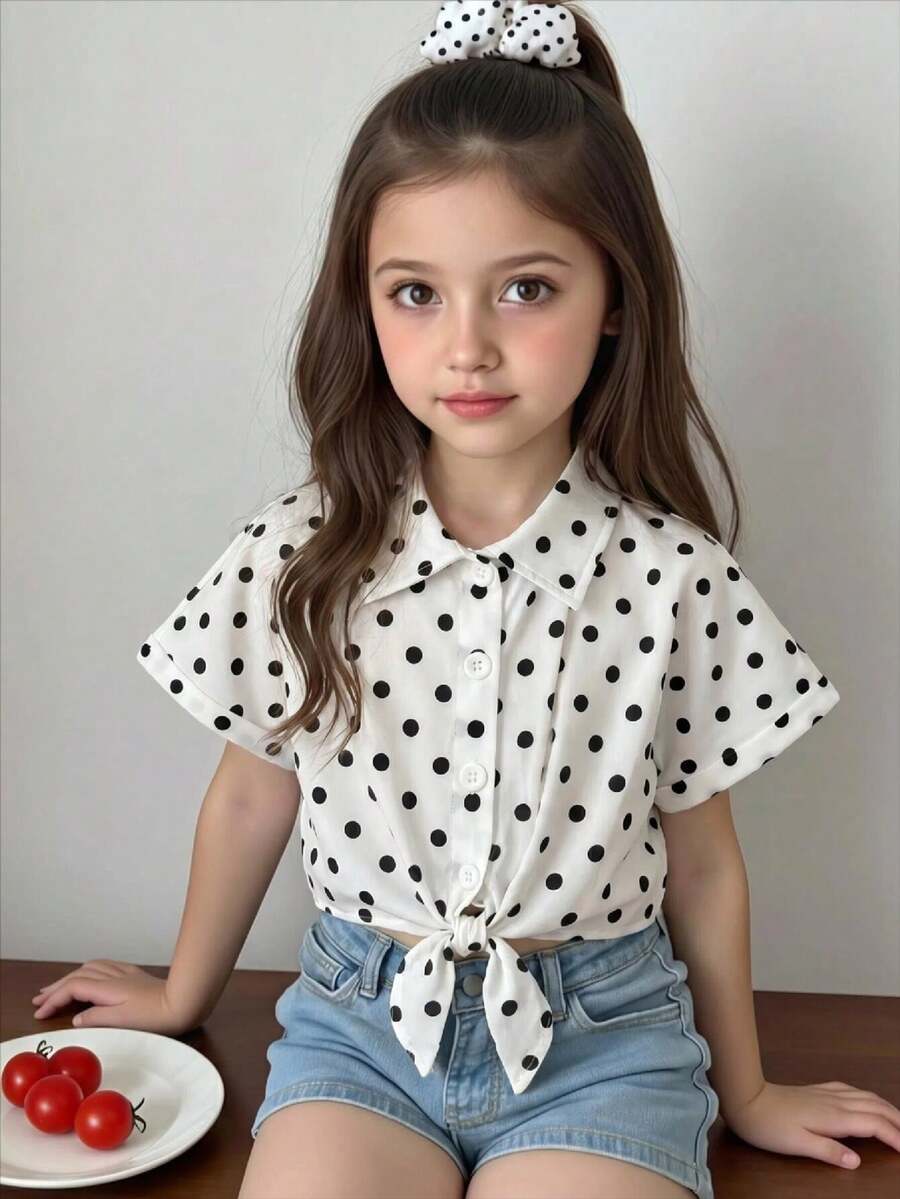 SHEIN Genkimix Kids 女童度假休閒百搭圓點印花寬鬆短袖襯衫，假期、夏季、旅行圓點襯衫，女童襯衫，兒童短款鈕扣襯衫，夏季女童襯衫，漂亮襯衫，可愛女童上衣，兒童襯衫