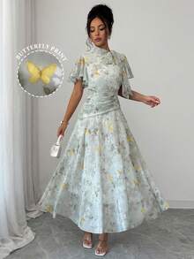 Modelyn Vestido acampanado con cordones, cintura ceñida, fruncido y estampado de mariposas para mujer - Verde - Ver 2