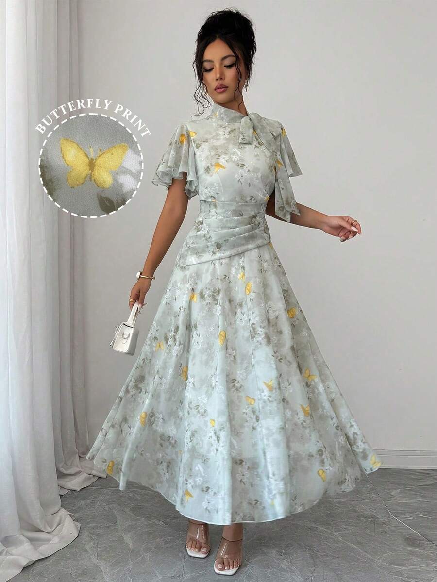 Modelyn Vestido acampanado con cordones, cintura ceñida, fruncido y estampado de mariposas para mujer
