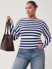 Solavibe Plus Size Navy Blue Colorblock Long Sleeve Casual Traditional T-Shirt, Ribbed Tops For Women, Blue White Stripe, Blouses Autumn Beach Formal Fall - Blue - View 5