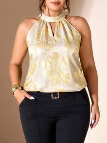 Cravure Women's Plus Size Gold Foil Floral Print Stand Collar Sleeveless Elegant Blouse - Apricot - View 4