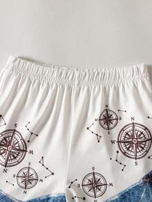SHEIN Streecool Kids 2件組男孩時尚街頭風丹寧印花圓領T恤與針織短褲套裝，舒適面料，適合街頭風混搭，亦適用夏季運動穿著，兒童夏季套裝 - 藍白色 - 查看 4