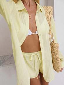 Sunnyshic Women's Spring/Summer Casual Linen Blend Loose Fit Button-Up Shirt & Low-Waist Shorts 2-Piece Set - Light Yellow - View 4