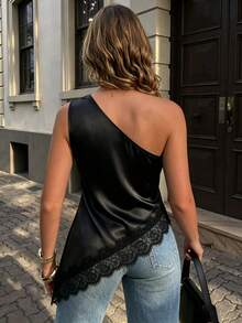 SHEIN Women's Minimalist Lace Patchwork Asymmetric Hem One Shoulder Blouse, Black, Summer Office Wear/Shirt - Black - View 2