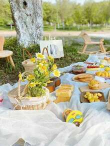 1pc Handwoven Wicker Picnic Basket – Double Lid Storage Hamper With Handle, Natural Willow Fruit Basket For Camping, Shopping, Wedding Decor, Farmhouse Storage - multicolor - View 8