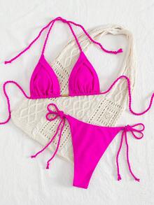 SHEIN New Europe & America Women Summer Beach Outfits, Macrame Tie Solid Color Triangle Bikini Swimwear 2 Pieces Set - Hot Pink - View 6
