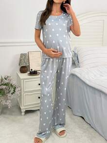 Moonlight&Mama Spring/Summer Fashion Light Gray & White Contrast Heart Print Short Sleeve Long Pants Maternity Pajama Set - Grey - View 6