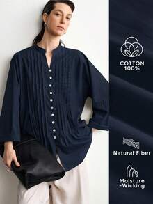 Aalyst Women's Summer New Cotton Linen Casual Minimalist Slouchy Versatile Holiday Premium Striped Craftsmanship Premium Shell Button V-Neck Premium Drop Shoulder Long Sleeve Blouse - Navy Blue - View 1
