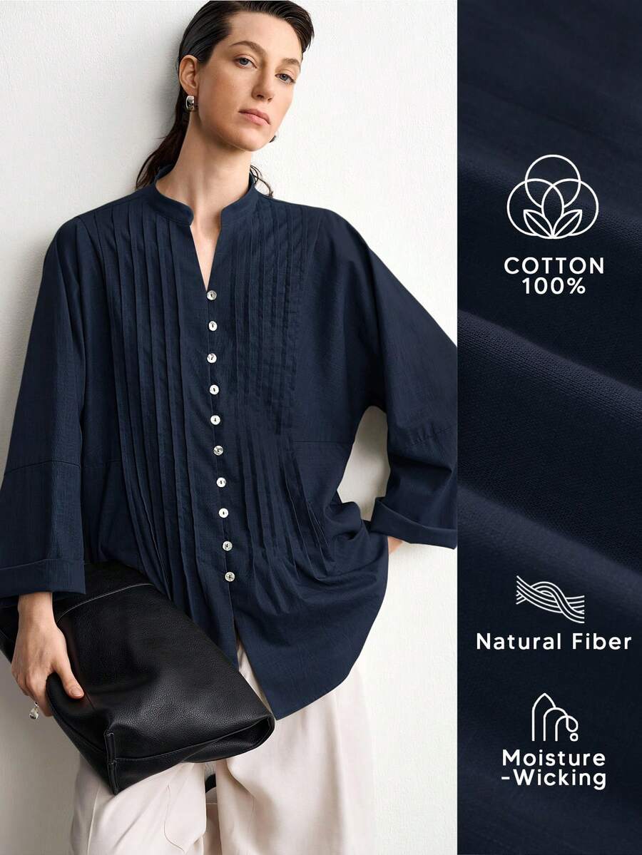 Aalyst Women's Summer New Cotton Linen Casual Minimalist Slouchy Versatile Holiday Premium Striped Craftsmanship Premium Shell Button V-Neck Premium Drop Shoulder Long Sleeve Blouse - Navy Blue - View 1