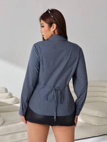 Solflare Plus Size Casual Commuter Plaid Tie Waist Shirt Fall - Multicolor - View 2