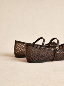 Rosivie Brown Hollow Breathable Mary Jane Shoes, Double Buckle Design, Retro And Comfortable Commuting Flat Shoes Fall Shoes - Mesh brown - View 6