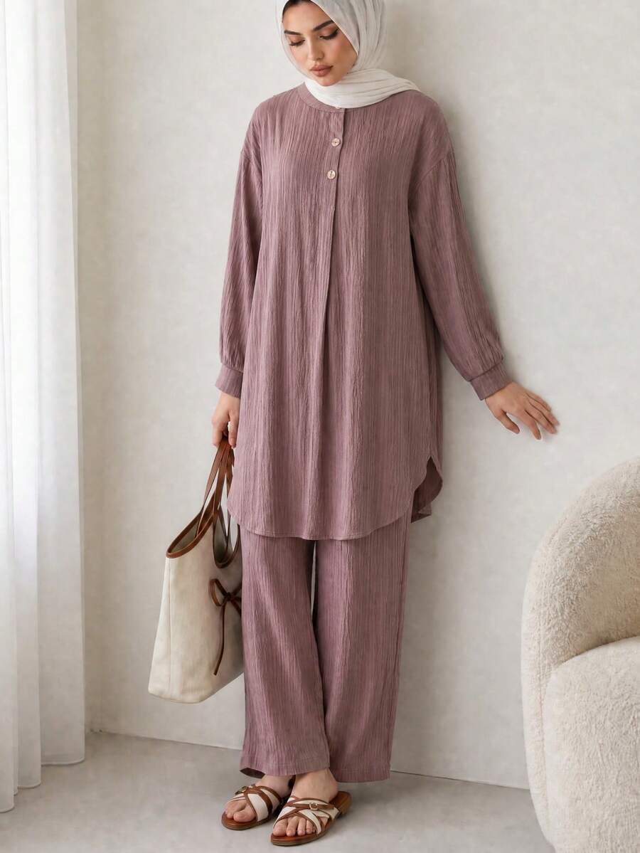 Solavon Women's Solid Color Top And Pants Arabic Outfit Set - Dusty Pink - View 1