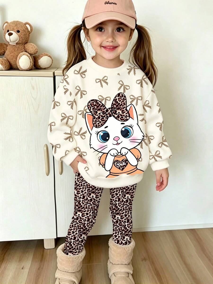 SHEIN 1套女童韓系甜美風滿版印花蝴蝶結卡通貓圓領衛衣與豹紋內搭褲,適合戶外春季出遊,春秋穿著,時尚兩件套 - 彩色 - 查看 1
