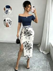 Elenzga Women's Vacation Floral Print Off-Shoulder Short Sleeve Side Slit Hem Elegant Midi Dress - Navy Blue - View 1