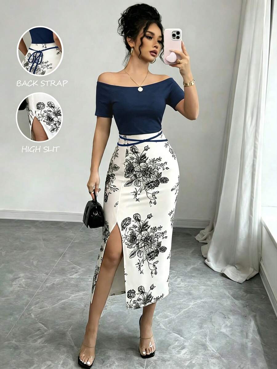 Elenzga Women's Vacation Floral Print Off-Shoulder Short Sleeve Side Slit Hem Elegant Midi Dress - Navy Blue - View 1