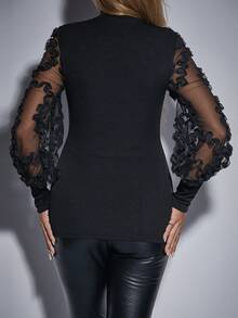 SHEIN Allurite 網紗拼接燈籠袖小高領上衣 - 黑色 - 查看 2