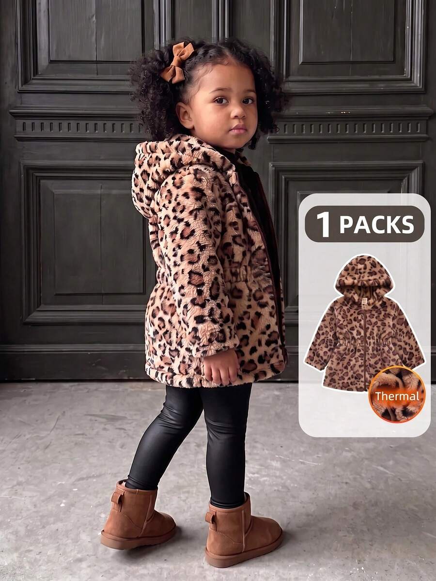 SHEIN Playful Pals 嬰兒女寶寶咖啡棕色毛絨內裡連帽卡其色長袖外套,秋冬時尚百搭外衣,復古豹紋毛絨連帽拉鍊夾克,女寶寶休閒外套 - 彩色 - 查看 1