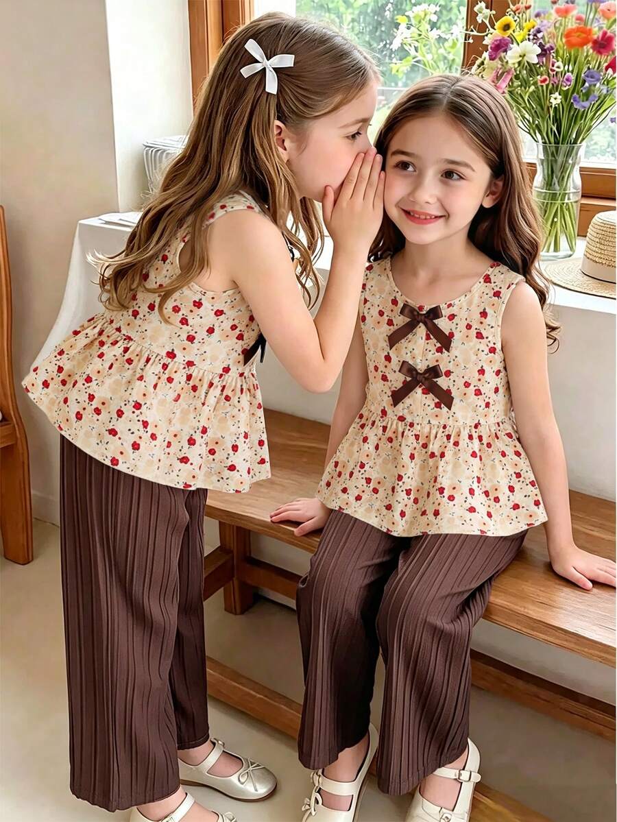 SHEIN Elladie kids 女童新款清新田園風精緻碎花兩件套,粉色蝴蝶結裝飾無袖背心上衣 + 粉色紋理布料寬腿長褲,甜美可愛時尚休閒套裝,夏季 - 棕色 - 查看 1
