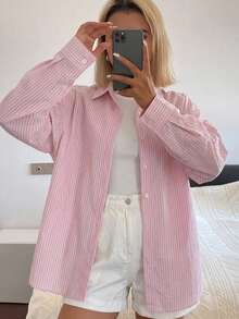 DAZY Women's Striped Drop Shoulder Long Sleeve Single-Breasted Casual Loose Shirt - Pink - View 6