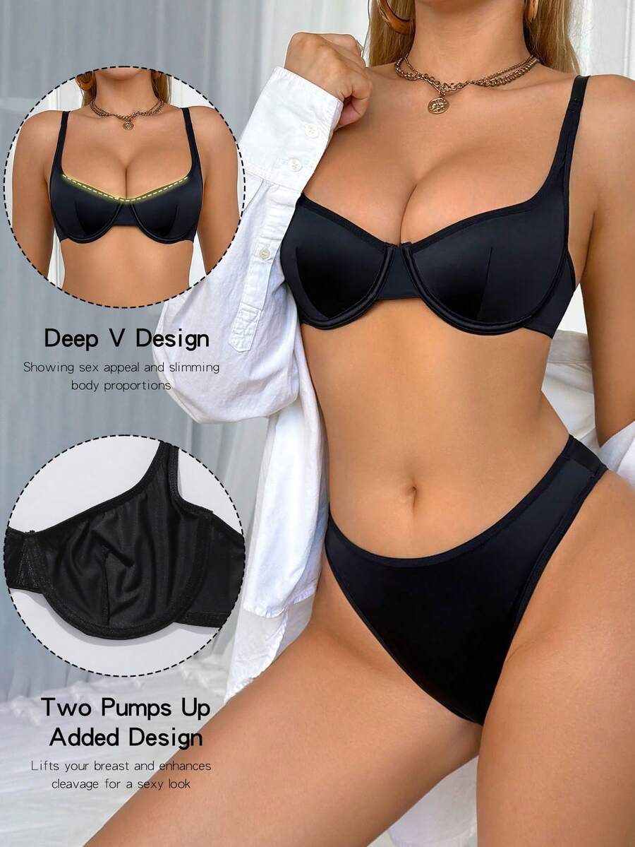 SHEIN 2件套简约纯色文胸套装(带钢圈) - 黑色 - 查看 1
