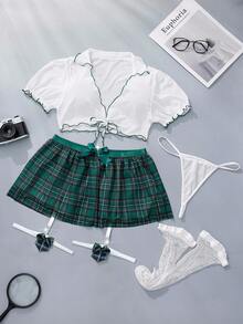 Fantasy Costume Fantasy Costume 5件套学生制服性感网纱印花泡泡裙套装，含腿环 - 彩色 - 查看 6