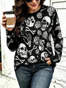 EMERY ROSE Halloween & Day Of The Dead Collection: Black And White Skeleton Patterned Rose Petal Print Long-Sle Fall - Multicolor - View 1