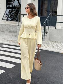 Serisse Women's Elegant Romantic Pale Yellow Pleated Ruffles Long Sleeve Top And Pants Casual Daily 2 Pieces Set Afternoon Tea Back To School Work - Light Yellow - View 11