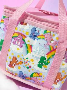 SHEIN X Care Bears 彩虹熊主題印花大容量保溫午餐包，粉色滾邊，便攜保冷手提袋，適合野餐、學校及日常使用 - 淡藍粉色 - 查看 4