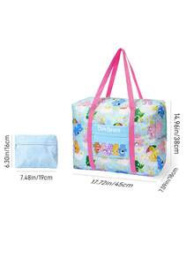 SHEIN X Care Bears 彩虹熊印花可折疊旅行托特包，大容量，行李套筒，輕便適用於旅行/學校，附前口袋 - 藍粉 - 查看 8