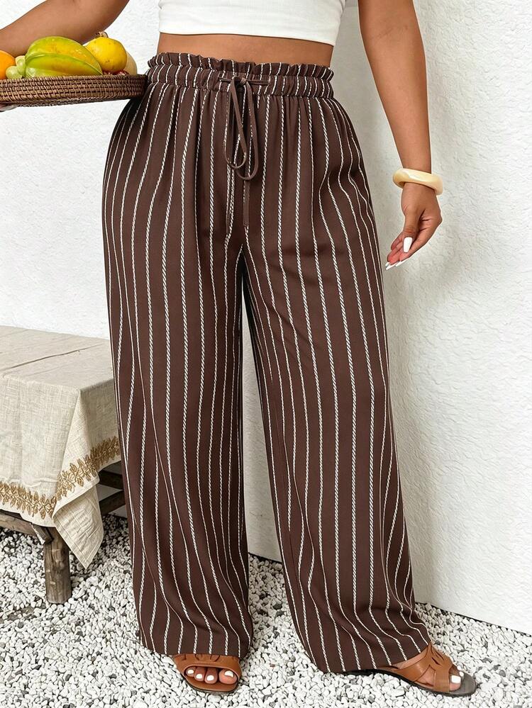 SHEIN Frenchy Plus Size Women's Striped Loose Pants With Waist Tie Fall - Multicolor - View 3