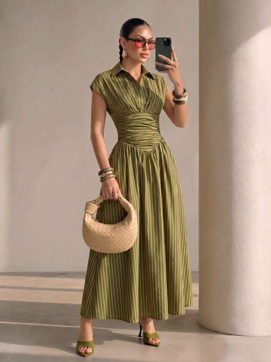 Xyvia Black Elegant Striped Shirt Collar Cinched Waist Full Skirt Long Dress For Women - Multicolor - View 1