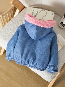 SHEIN Baby Girl Woven Colorblock Faux Fur Collar Hooded Casual Jacket - Multicolor - View 2