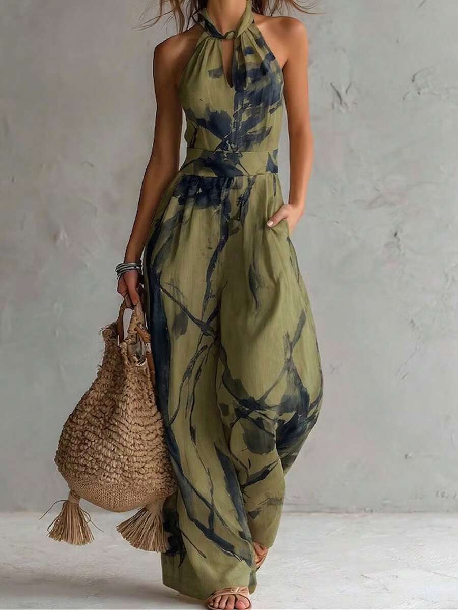 Omancia 女款杏色與藍色掛脖長版連身褲,海灘度假風,休閒娛樂穿搭,復活節、嘉年華、勞動節、生日禮物,教師穿搭、學生穿搭,海灘、沙灘、拍照、旅行、度假、街頭風,春夏服飾,春季新品,必備時尚單品,小眾設計,百搭 - 軍綠色 - 查看 1