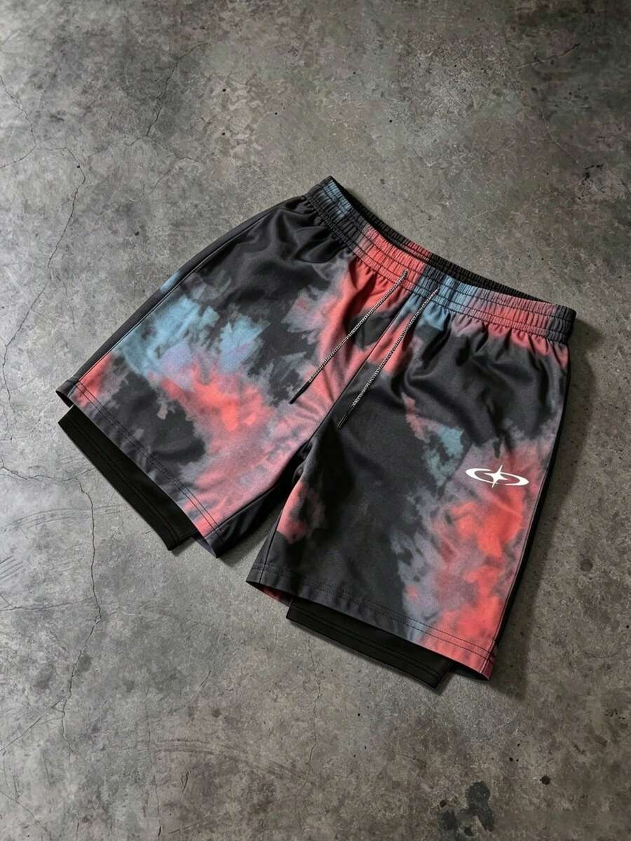 Gym Rark Men's Summer Casual Tie-Dye Print Sports Shorts - Black - View 1