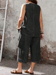 SHEIN EMERY ROSE CURVE Conjunto de 2 piezas de chaleco y pantalones de mezclilla talla grande - Negro - Ver 2