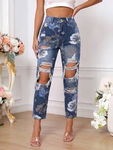 SHEIN PETITE 女款花卉圖案口袋鈕扣做舊設計休閒日常牛仔褲 - 藍色 - 查看 4